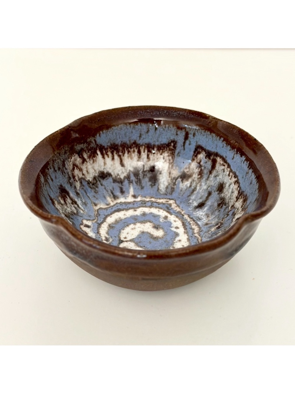 Vintage Studio Art Pottery Small Trinket Bowl Brown Blue White Swirl Drip Glaze